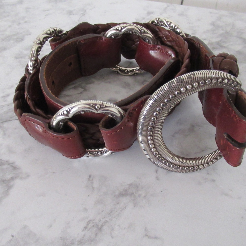 Brighton Leather Belt 36 Womens XL XXL Brown Western Braided Silver‎ B30935